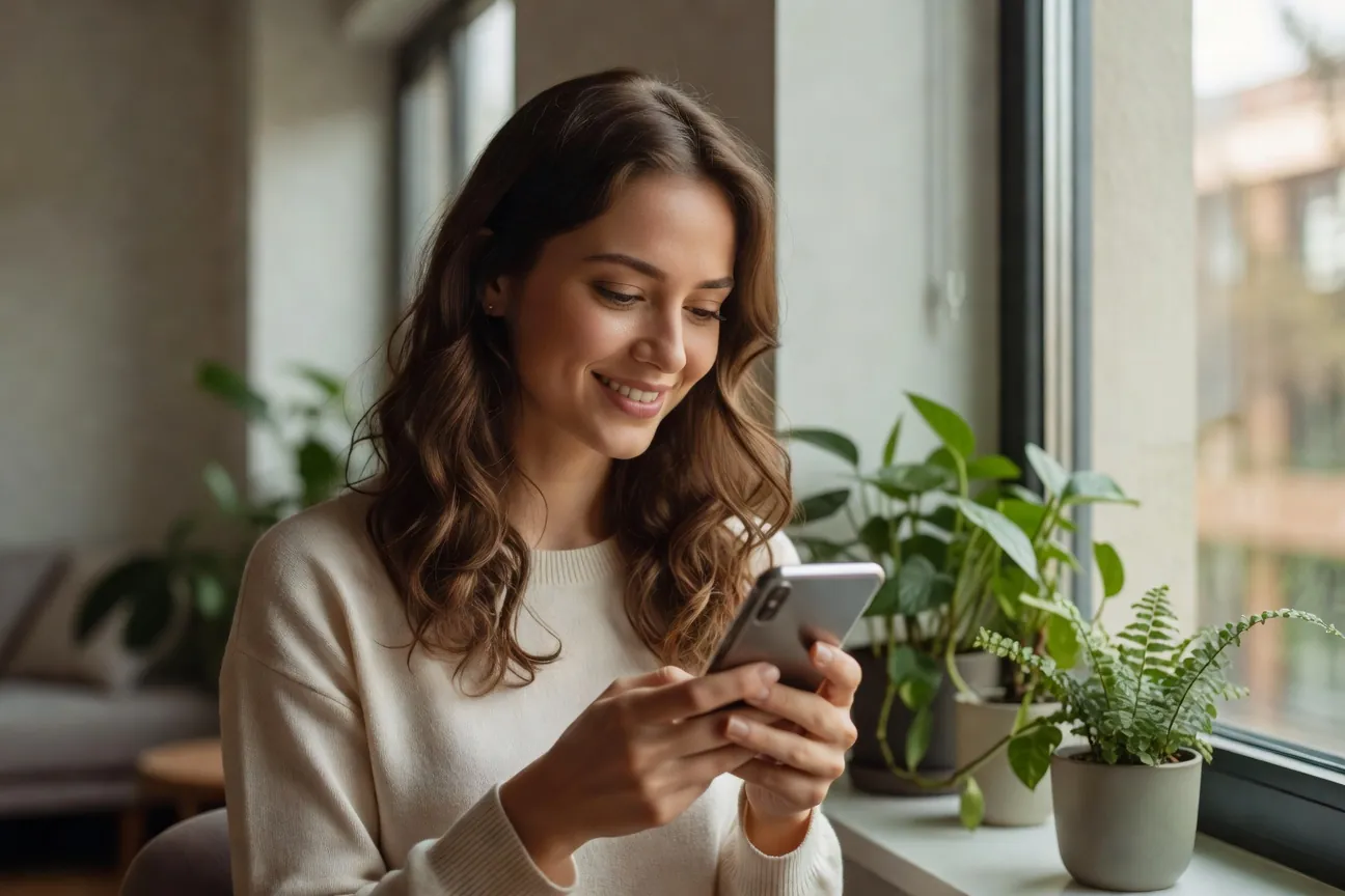 Femme souriante regardant son téléphone près d'une fenêtre, message d'amour à distance affiché