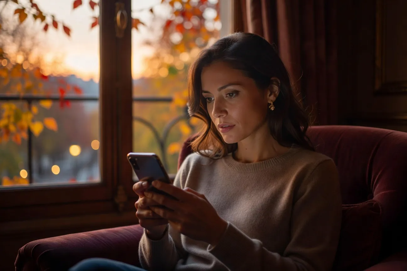 Personne pensive rédigeant un message de reconquête sur son téléphone, lumière douce du soir