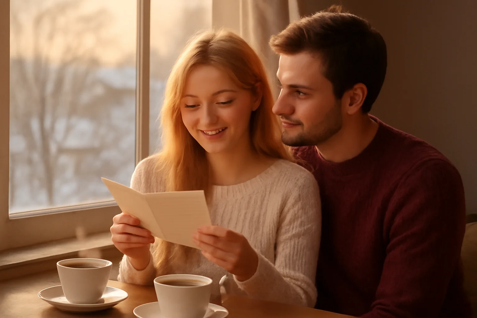 Jeune couple romantique près d'une fenêtre en hiver, la femme lisant une carte manuscrite