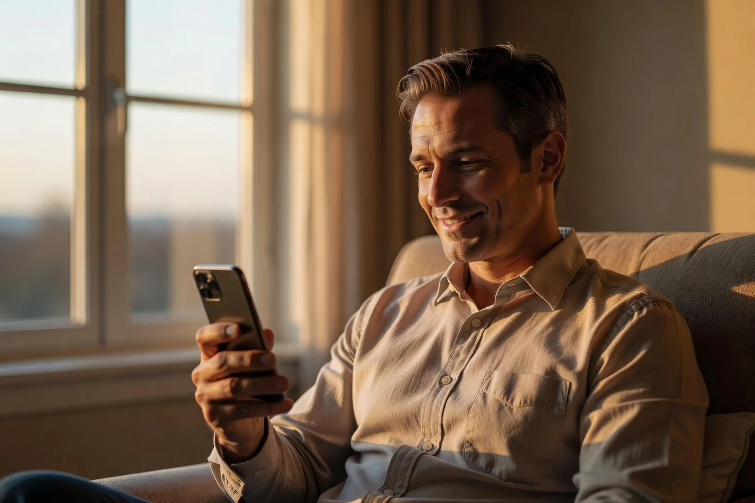 Homme adulte souriant enregistrant un message vocal d'amour sur son smartphone, assis près d'une fenêtre en fin de journée