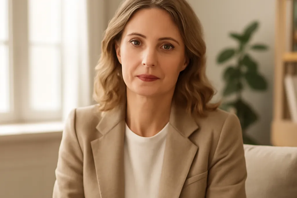 Portrait éditorial d'une psychologue de couple dans son cabinet, échangeant avec bienveillance