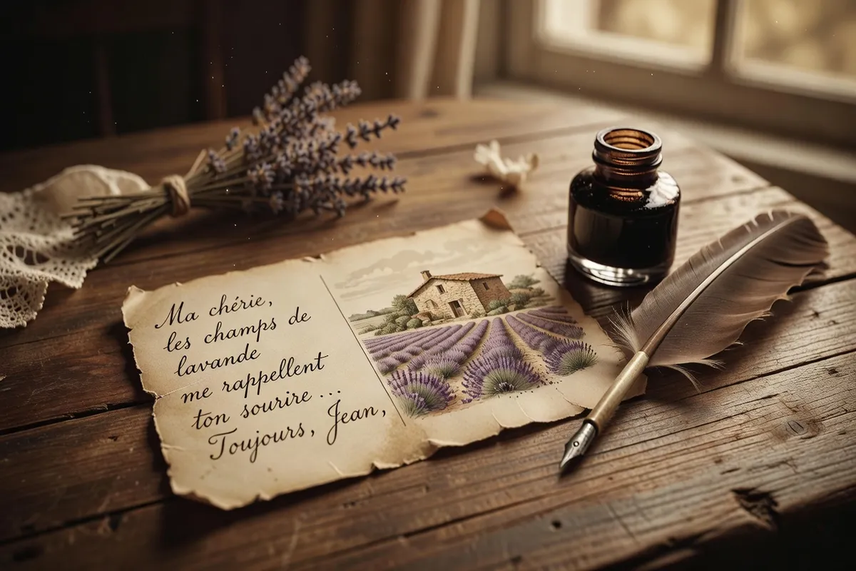 Carte postale ancienne romantique posée sur une table avec une plume et de l’encre