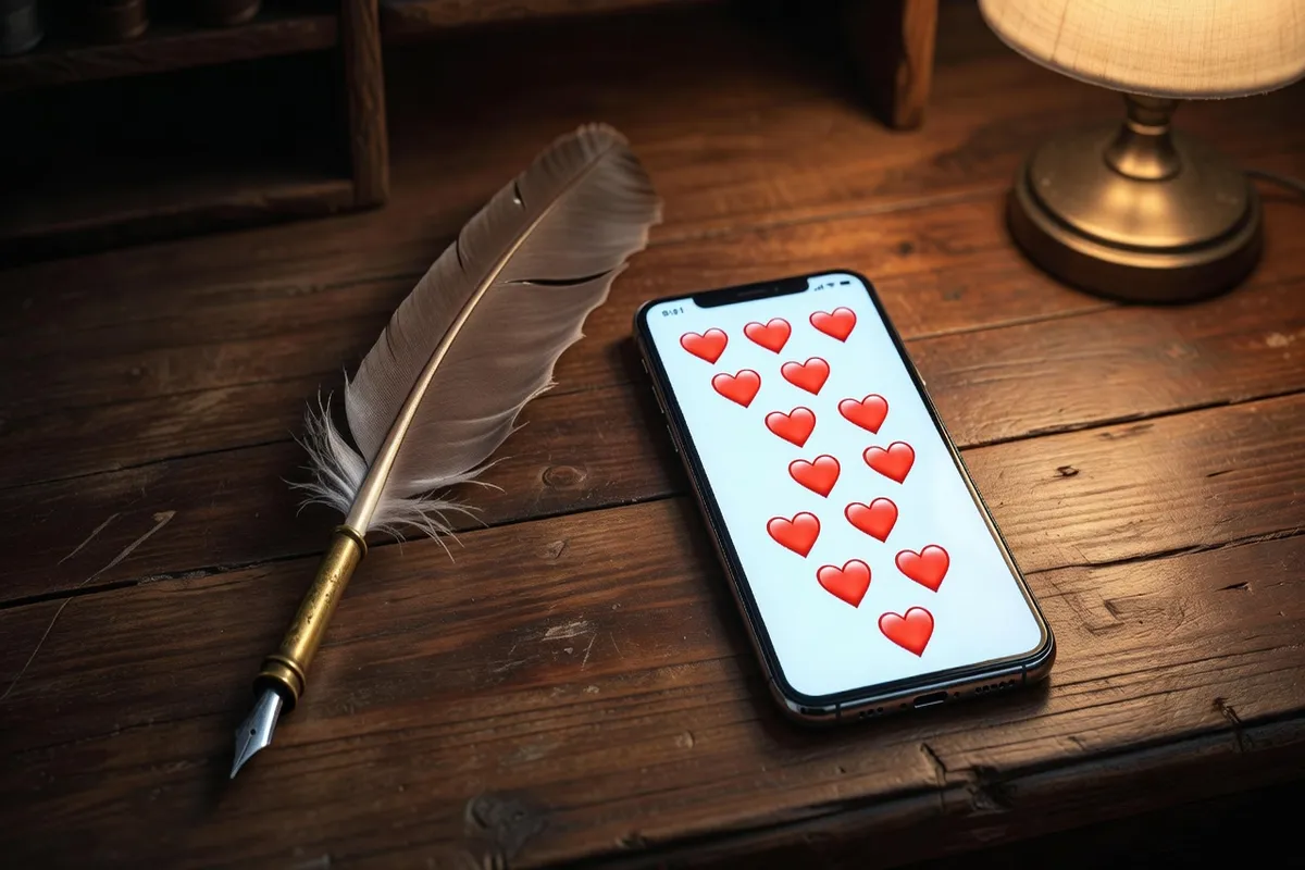 Smartphone moderne affichant des emojis cœur côte à côte avec une plume ancienne