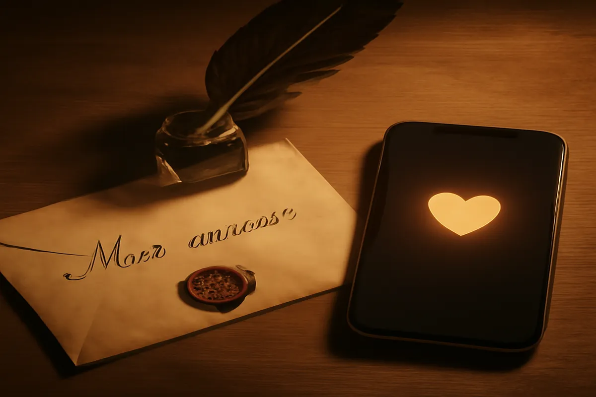 Vieille lettre d'amour scellée à la cire posée à côté d'un smartphone moderne, symbole de l'évolution du langage amoureux