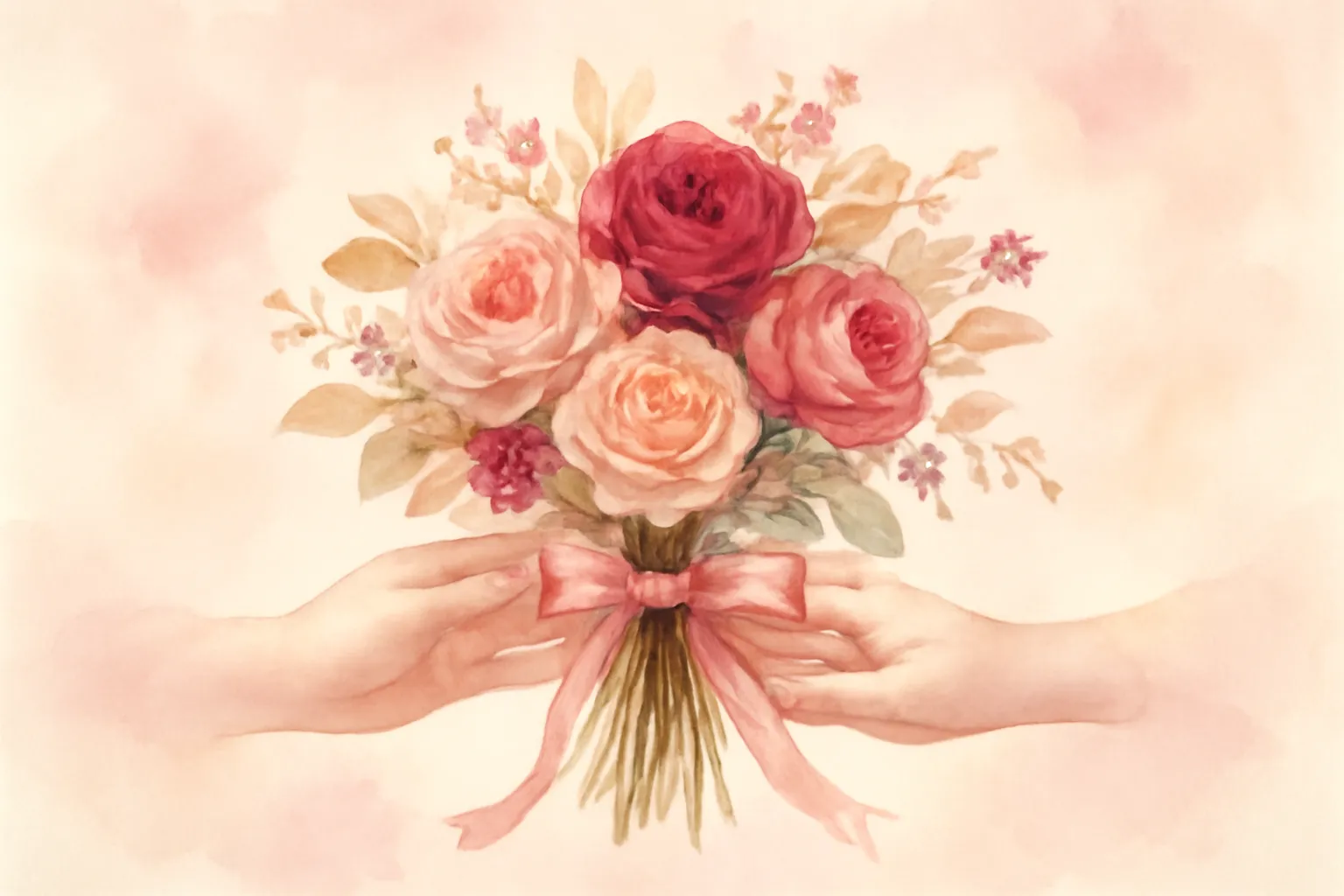 Mains offrant un bouquet de fleurs avec un message d'amour manuscrit