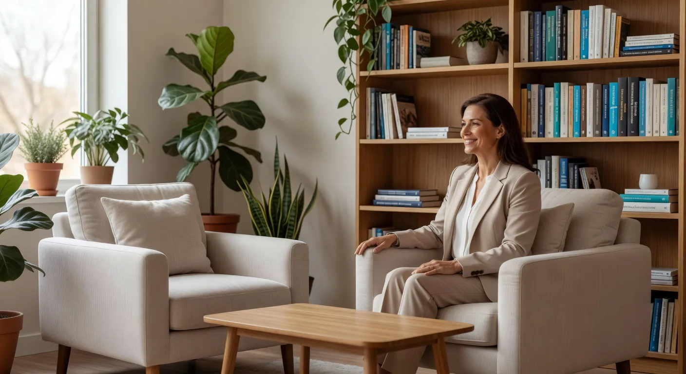 Cabinet de psychologue lumineux avec livres et plantes vertes, fauteuils face à face