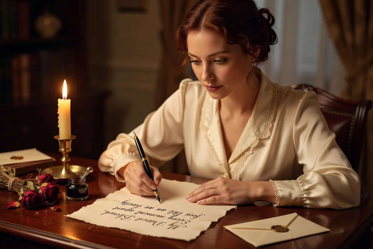 Sophie Marchand écrivant une lettre d'amour avec une plume dans son atelier