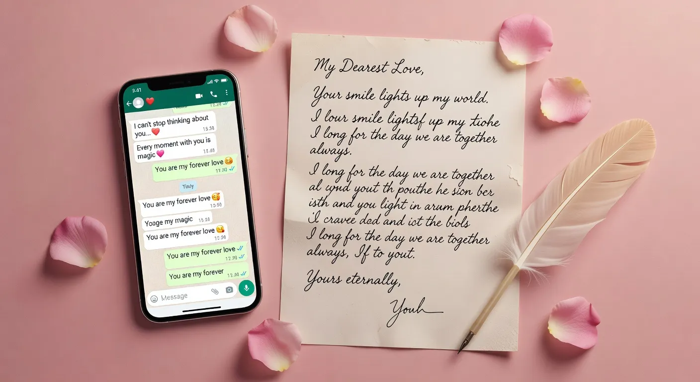 Smartphone avec échange WhatsApp amoureux côte à côte avec lettre manuscrite