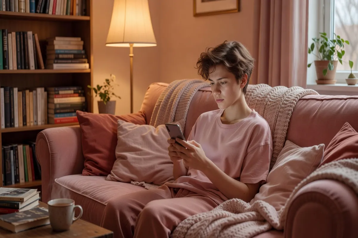 Personne pensive regardant son smartphone sur un canapé