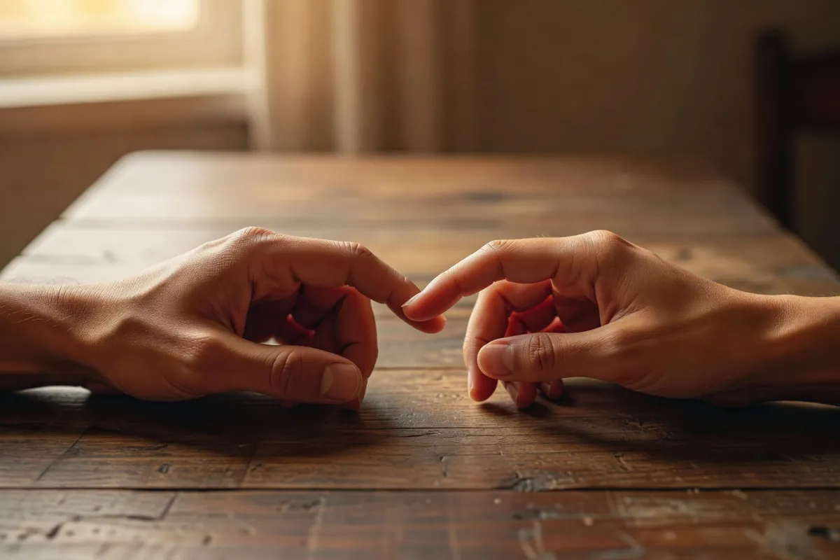 Deux mains qui se rapprochent sur une table en bois, symbole de réconciliation