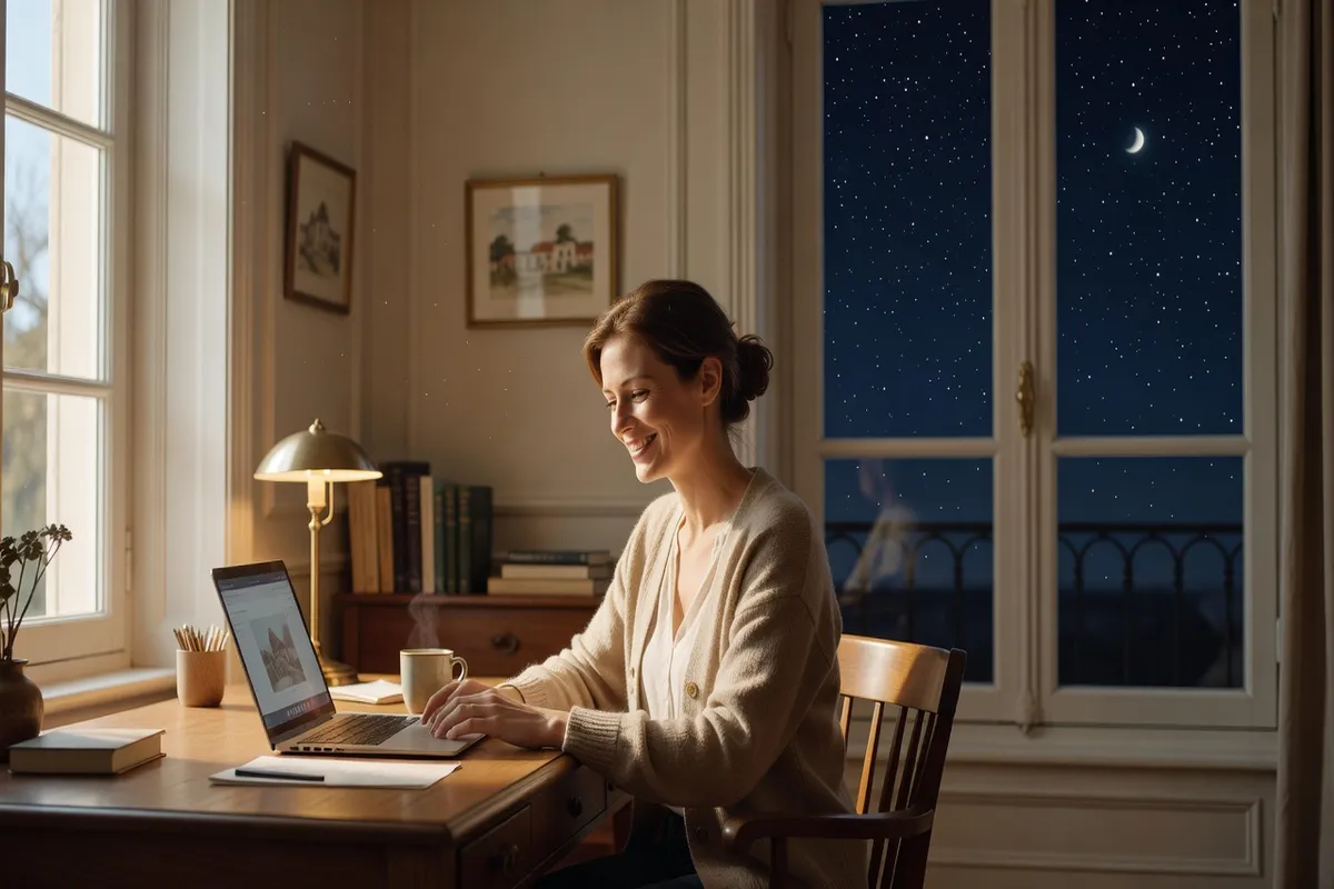 Personne en visioconférence souriant à son écran d'ordinateur dans un bureau à domicile lumineux