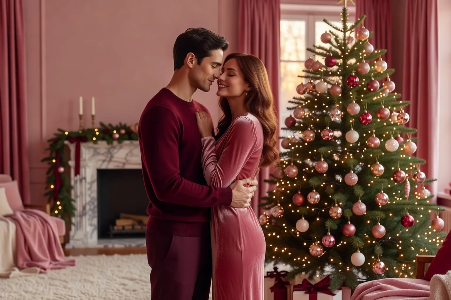 Couple échangeant un message tendre devant une décoration de Noël illuminée