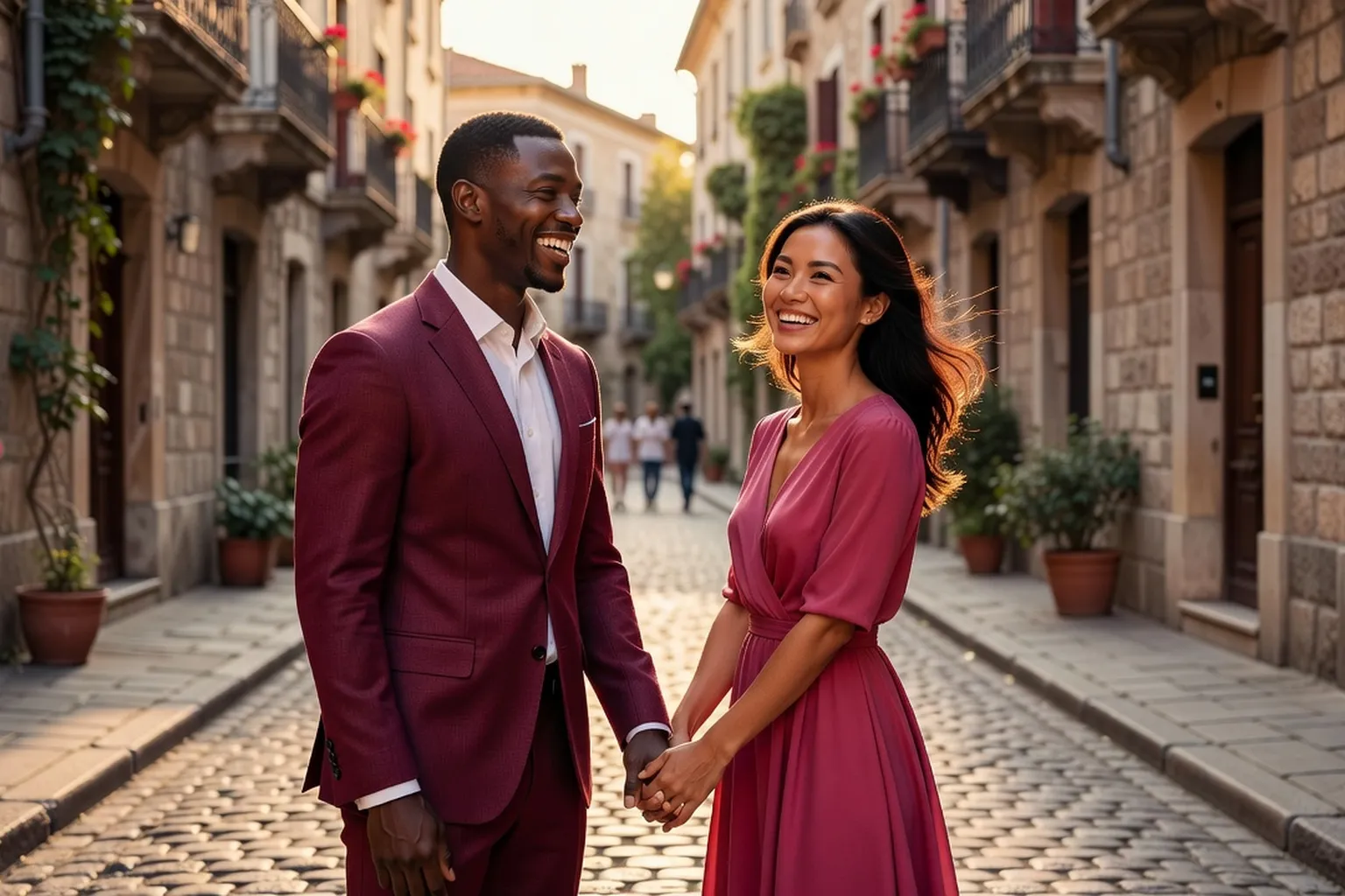 Couple international souriant échangeant un message tendre depuis deux pays différents