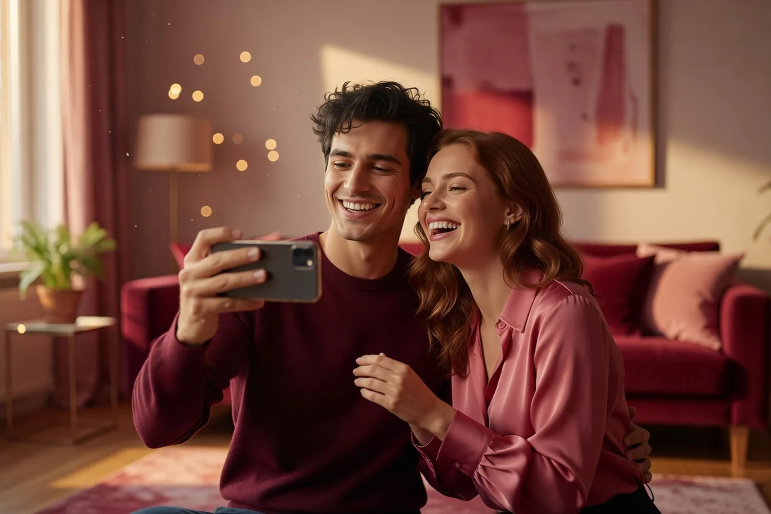 Jeune couple souriant filmant une vidéo romantique avec un smartphone
