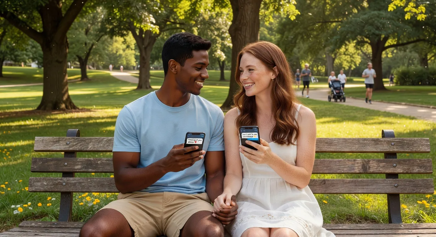 Mains enlacées d'un couple tenant des smartphones, échangeant des messages d'amour romantiques