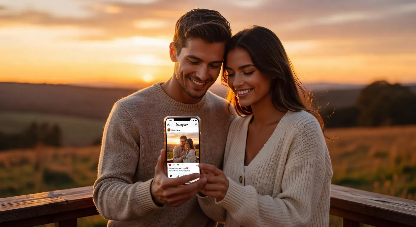 Publication Instagram romantique d'un couple au coucher du soleil avec une légende poétique