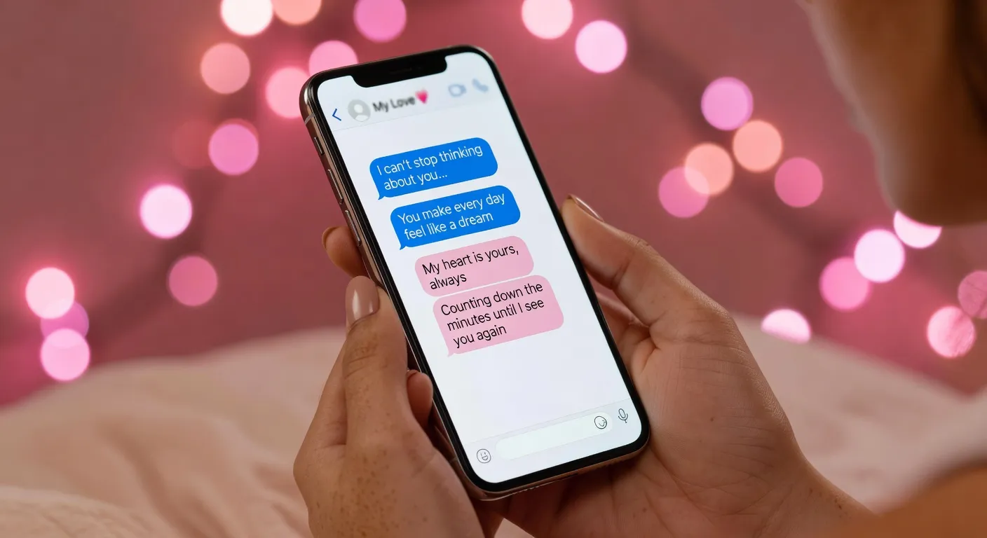 Main tenant un smartphone affichant des échanges amoureux WhatsApp, fond rose romantique