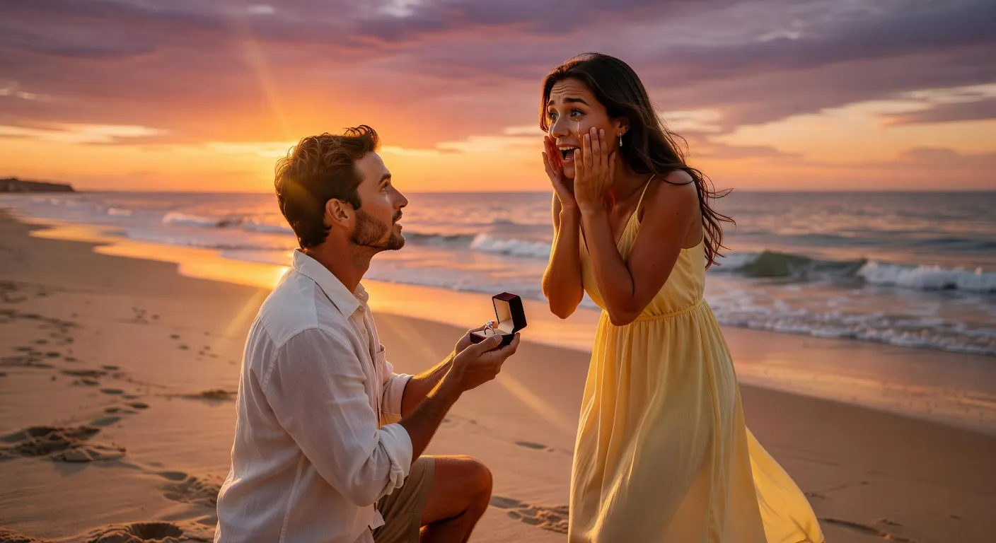 Couple romantique lors d'une demande en mariage au bord de la mer au coucher du soleil