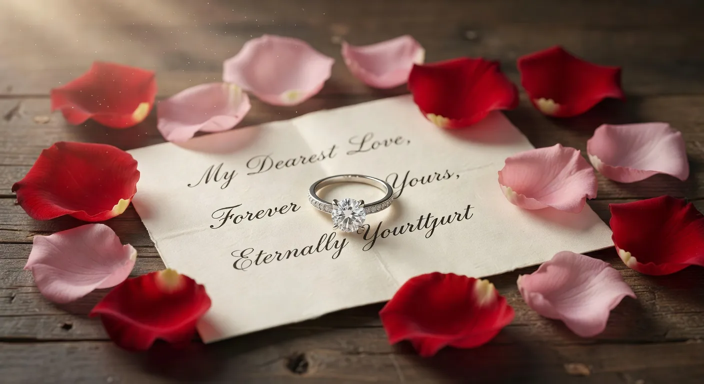 Bague de fiançailles posée sur une lettre d'amour manuscrite, pétales de rose