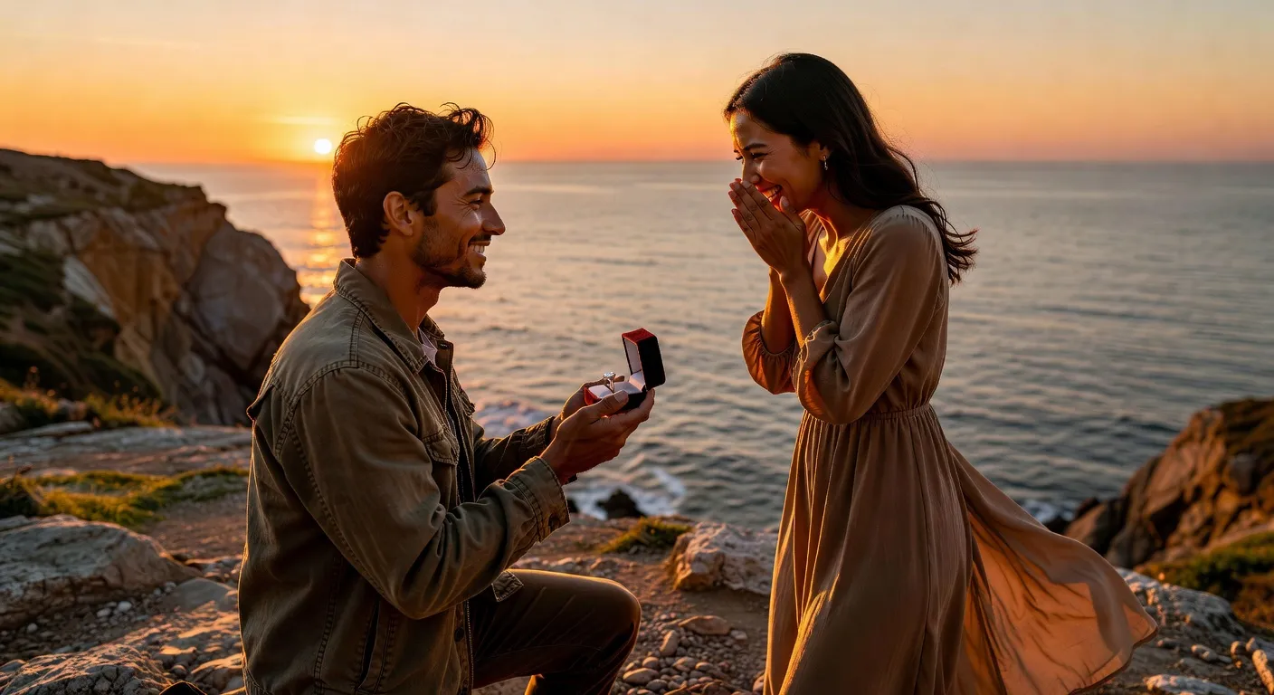 Homme proposant le mariage avec une bague au coucher du soleil romantique