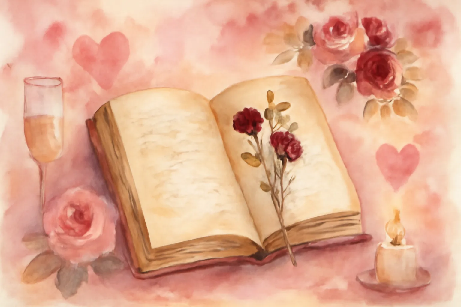 Livre ouvert sur une citation romantique avec des fleurs séchées