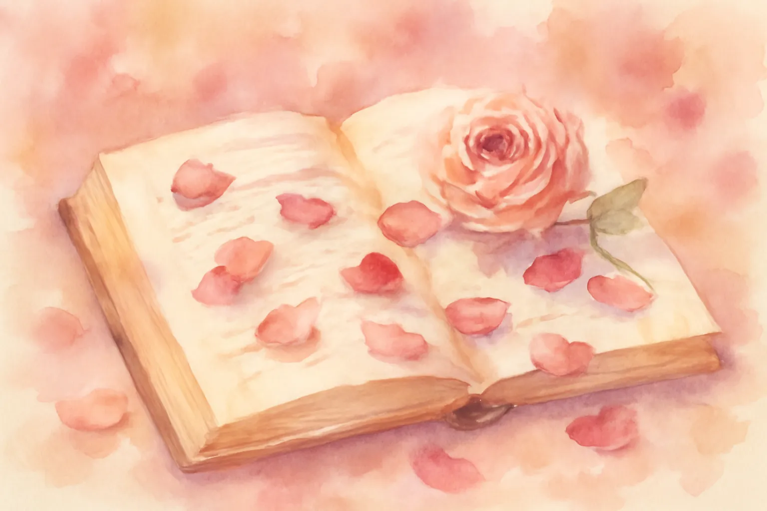 Livre de poèmes d'amour ouvert avec des pétales de rose