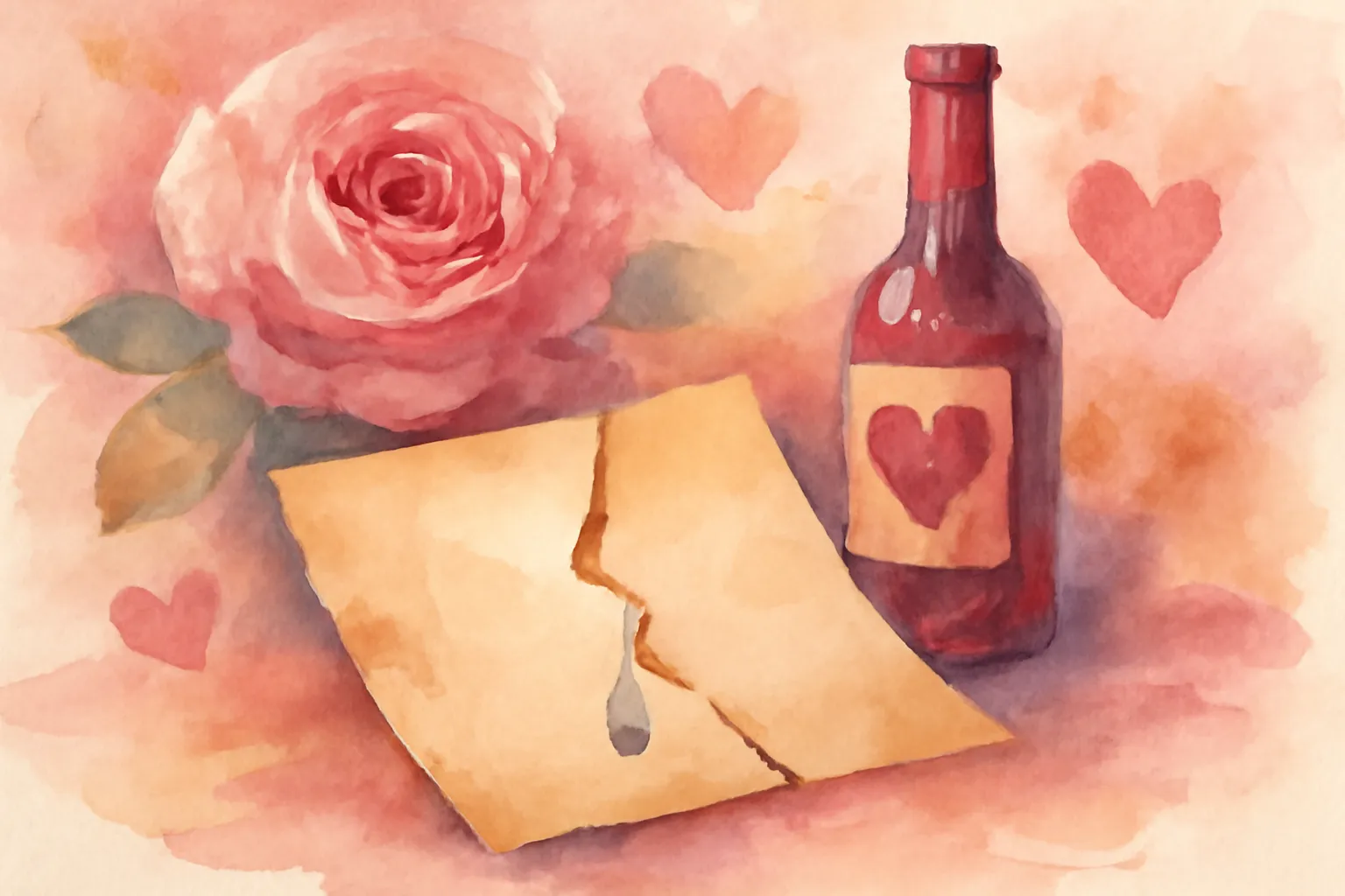 Lettre de rupture posée sur une table avec des pétales de fleurs fanées