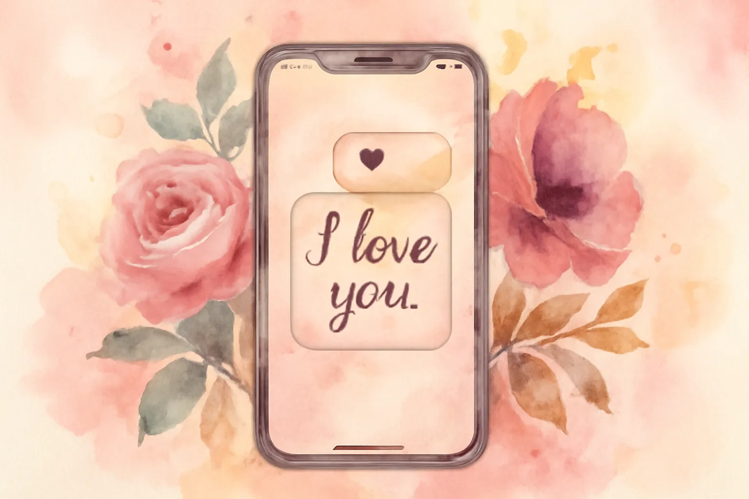 Téléphone affichant un message d'amour en anglais avec un cœur